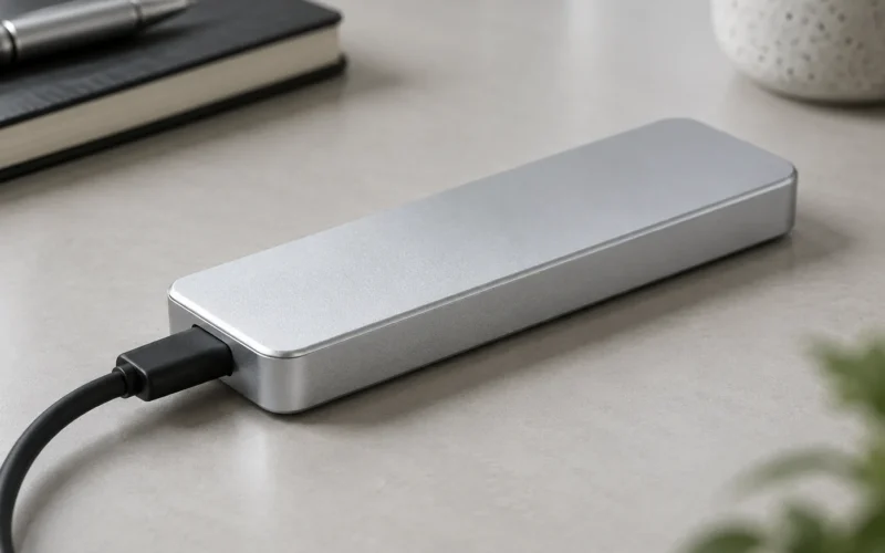 USB-C 케이블이 연결된 실버 알루미늄 외장 SSD 케이스의 생성 개념 사진