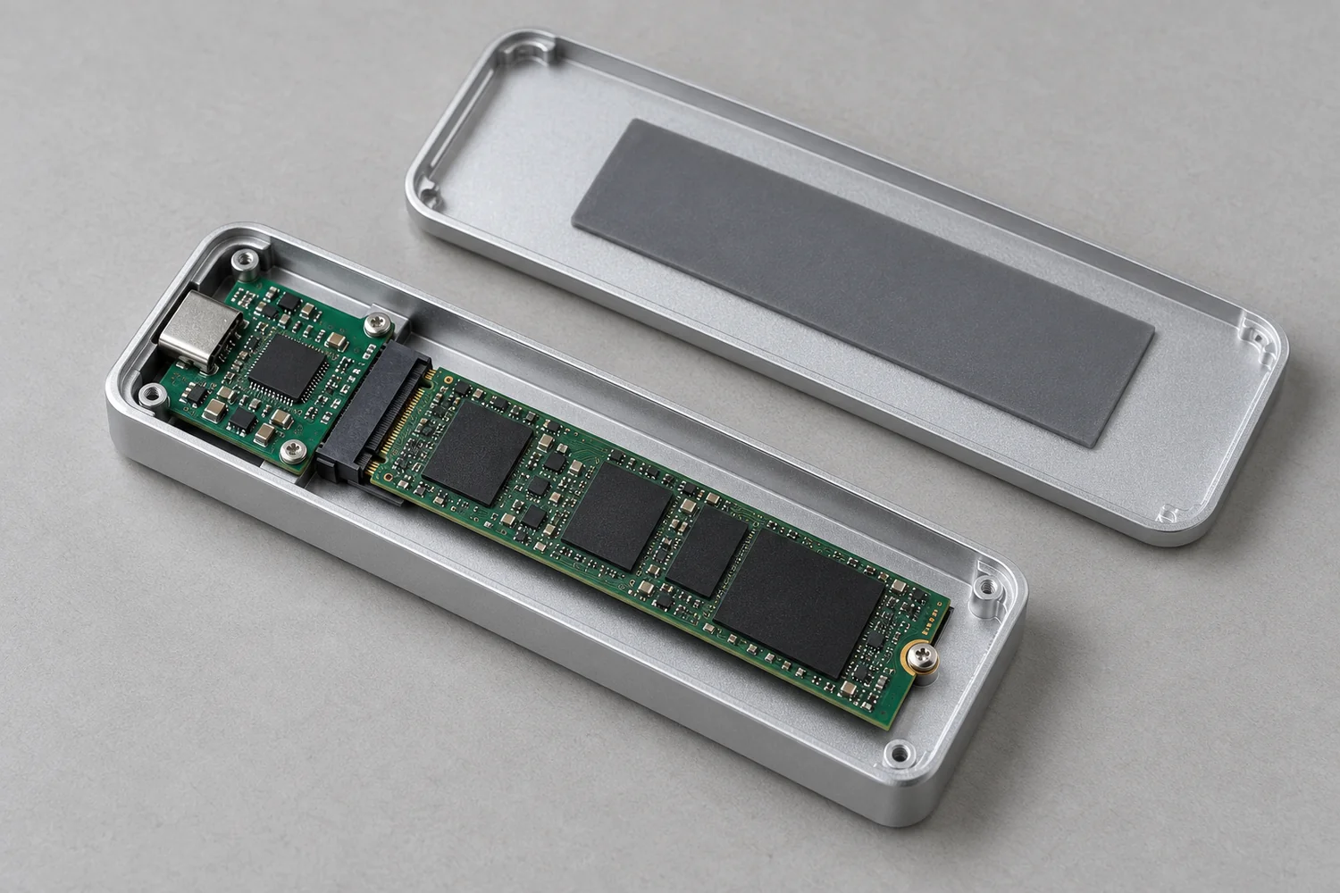 외장 SSD 케이스의 브리지 기판, M.2 모듈과 덮개 열패드를 보여주는 생성 개념 사진